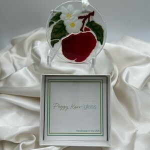Peggy Karr Fused Glass Apple and Blossom Ornament/Sun Catcher. Signed.